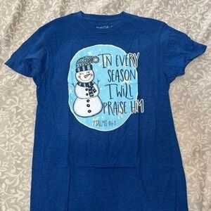 Love in Faith Snowman Psalm 34:1 Christian Graphic T-Shirt Womens Medium (B10)